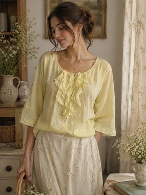 Vintage GAP Silk Blend Ruffle Blouse | Cottagecore Romantic | Lemon Yellow Top